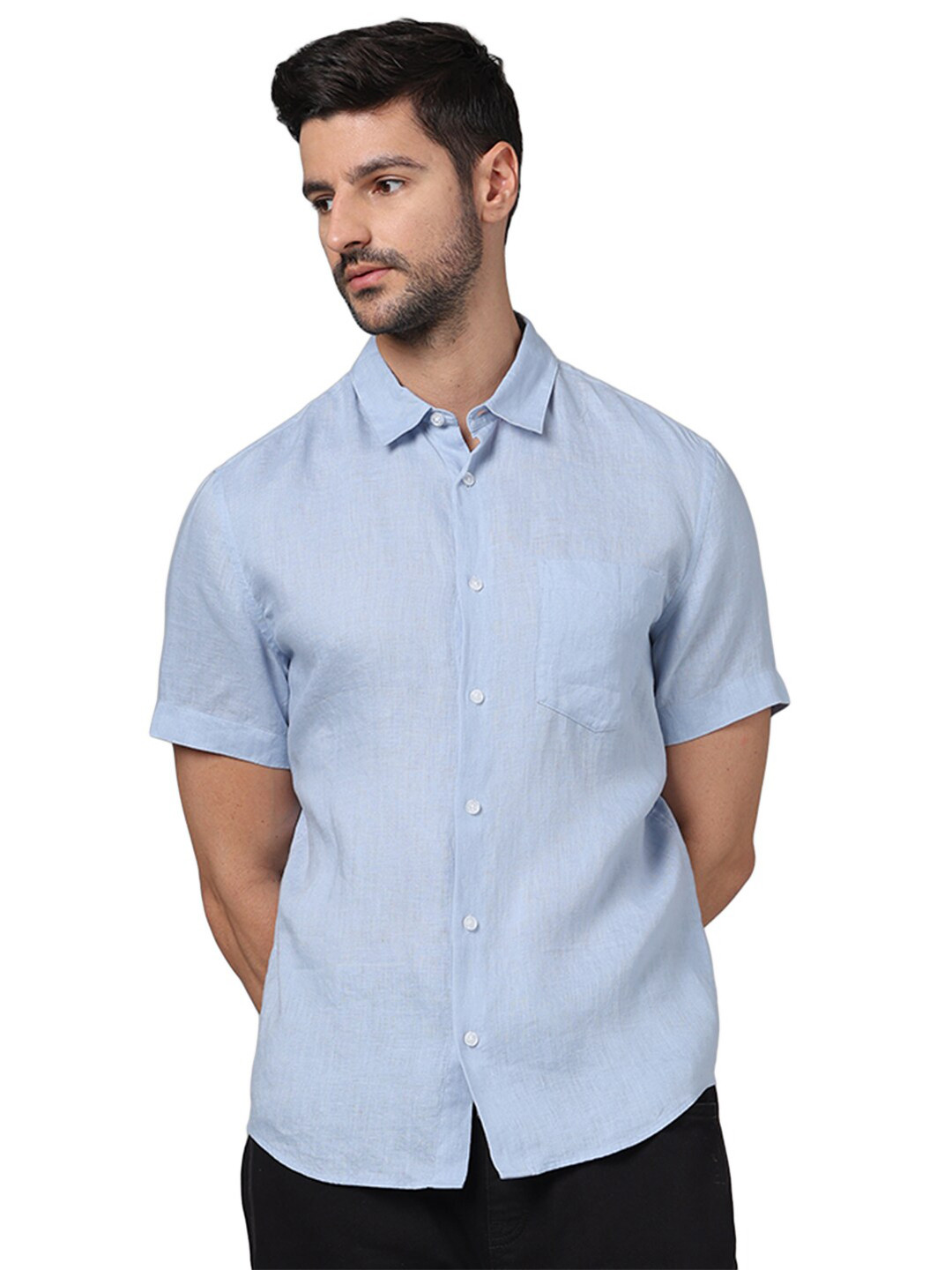 

Celio Classic Short Sleeves Spread Collar Linen Opaque Casual Shirt, Blue
