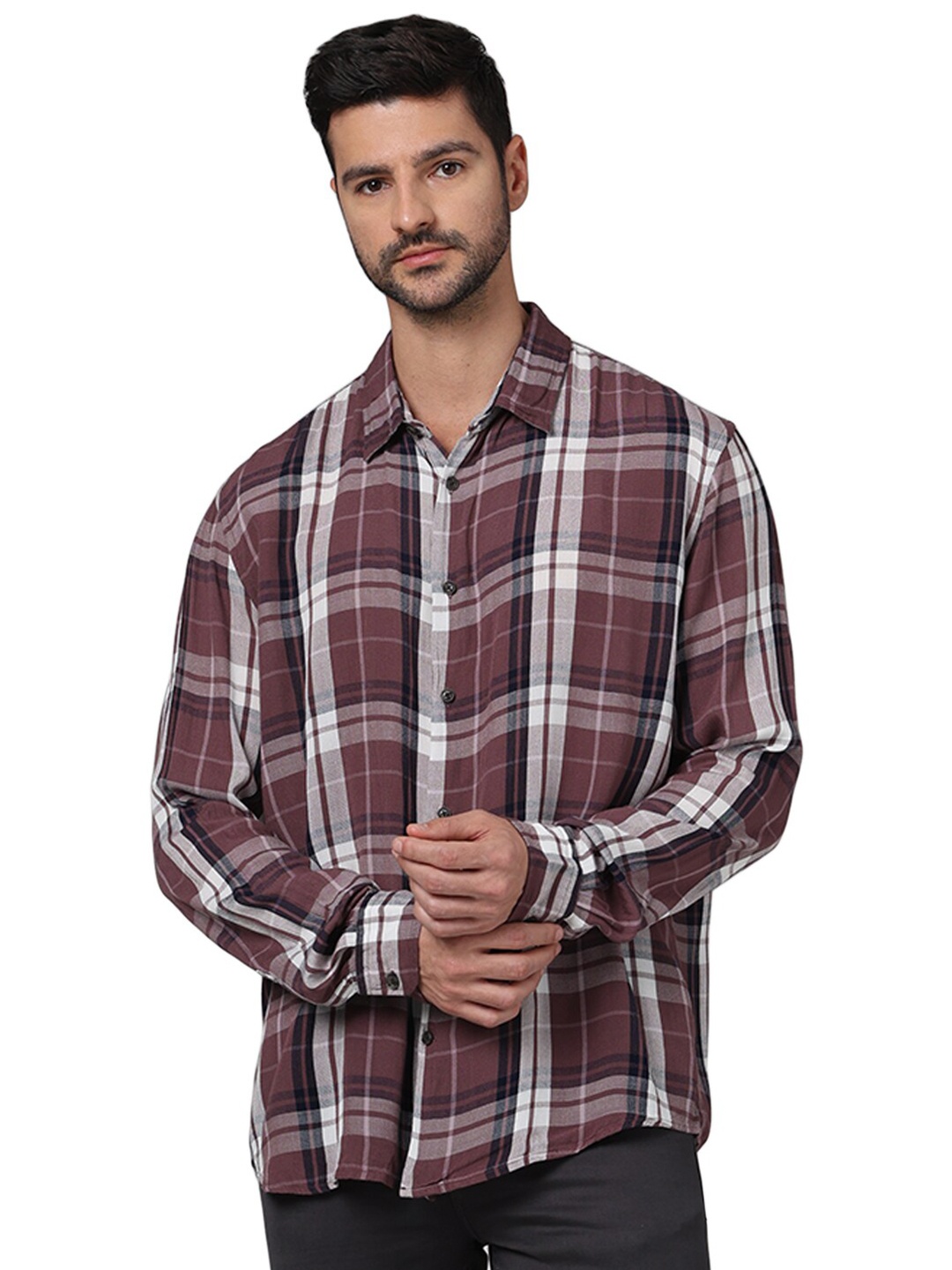 

Celio Classic Tartan Checks Long Sleeves Spread Collar Opaque Checked Casual Shirt, Purple
