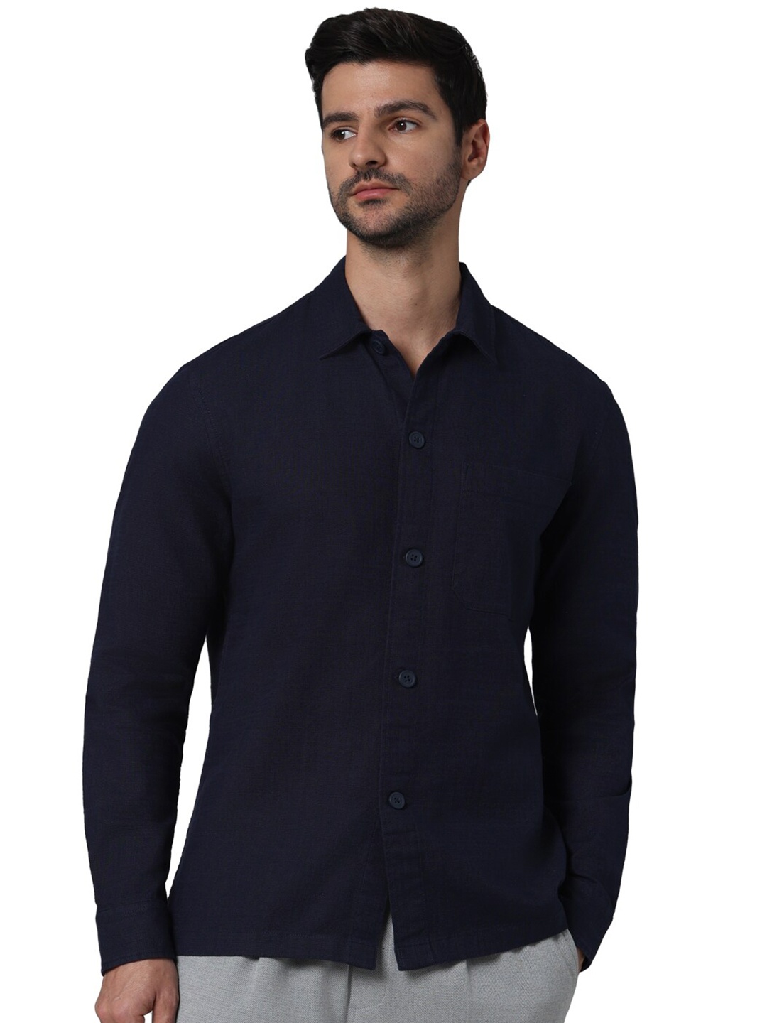 

Celio Classic Oversized Fit French Collar Cotton Casual Shirt, Navy blue