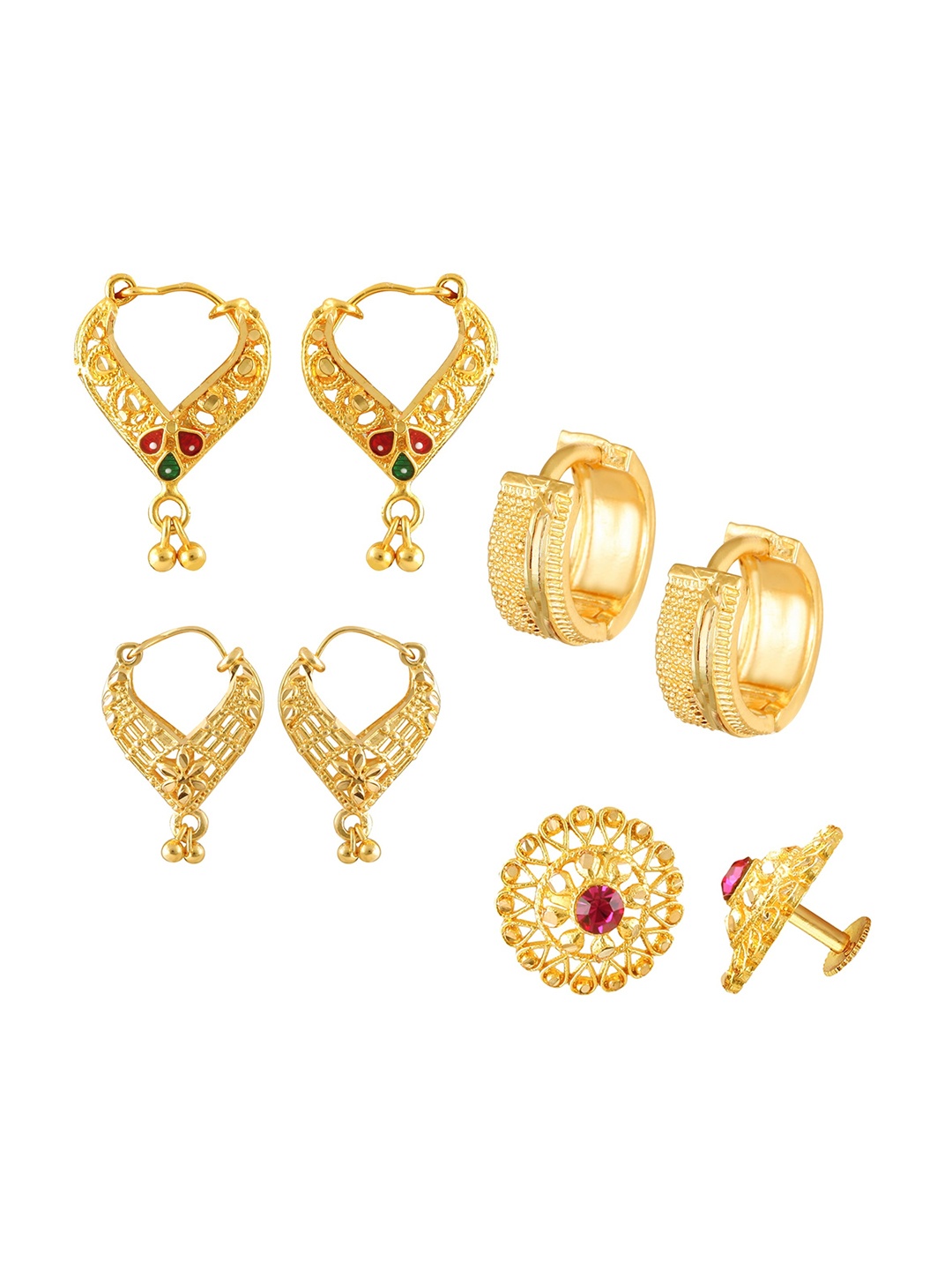 

Vighnaharta Set of 4 Cubic Zirconia Studded Hoop & Studs Earrings, Gold