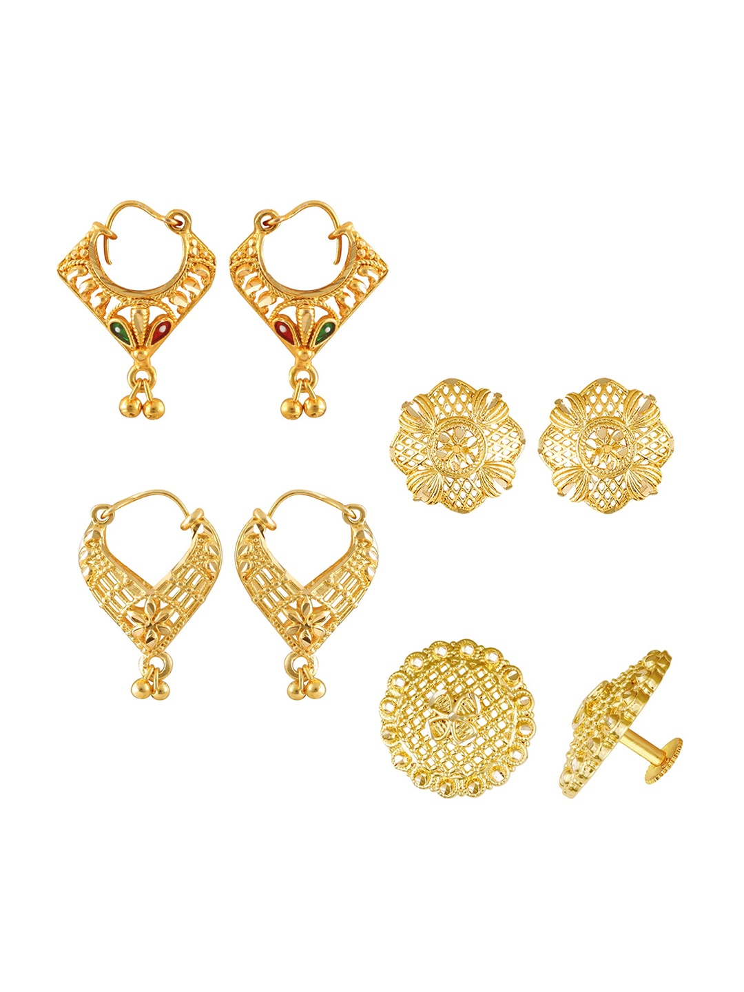

Vighnaharta Set of 4 Stone Studded Hoop & Studs Earrings, Gold