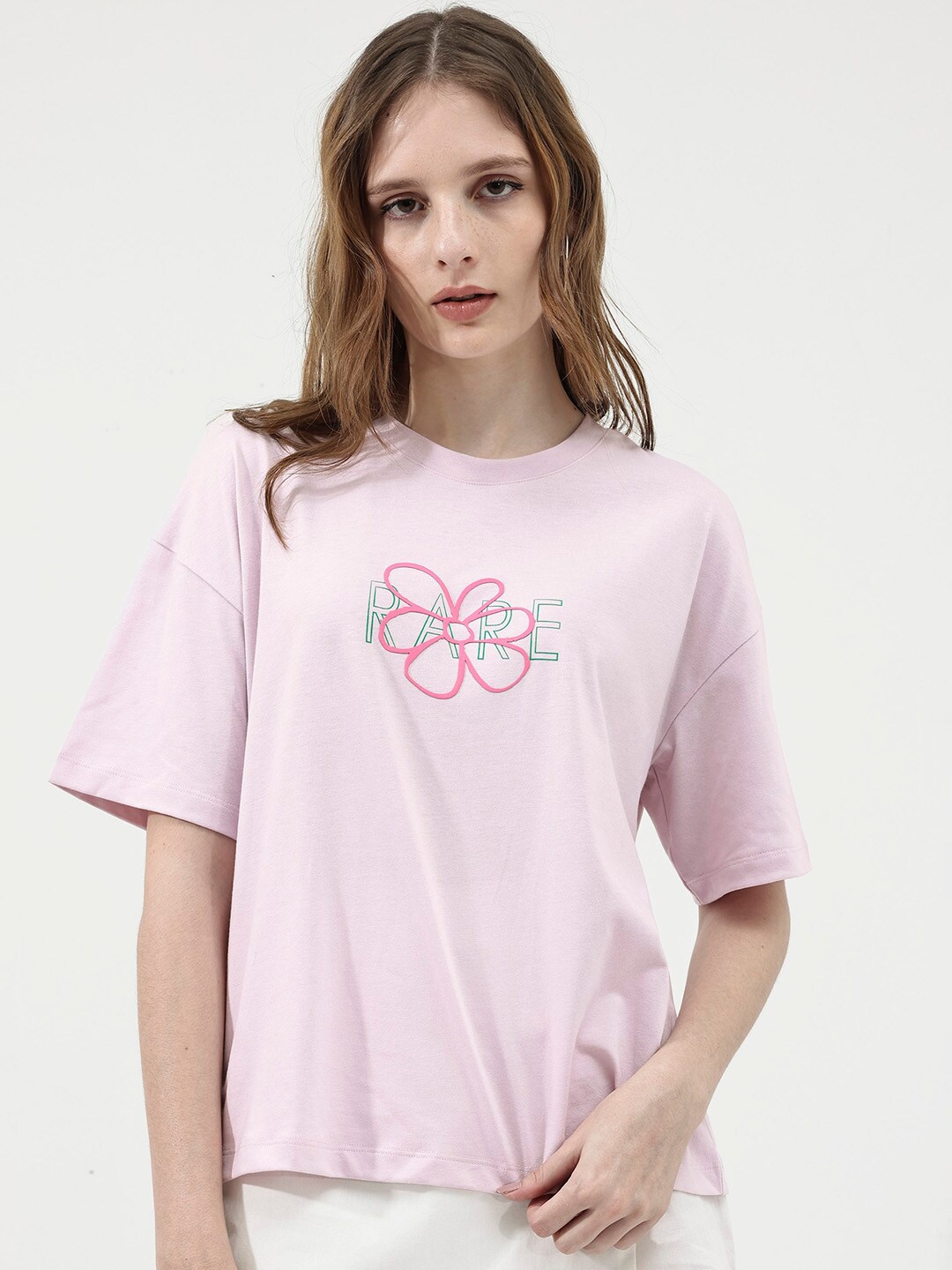 

RAREISM Round Neck Drop Shoulder Typographic Printed Regular Fit Cotton T-shirt, Pink