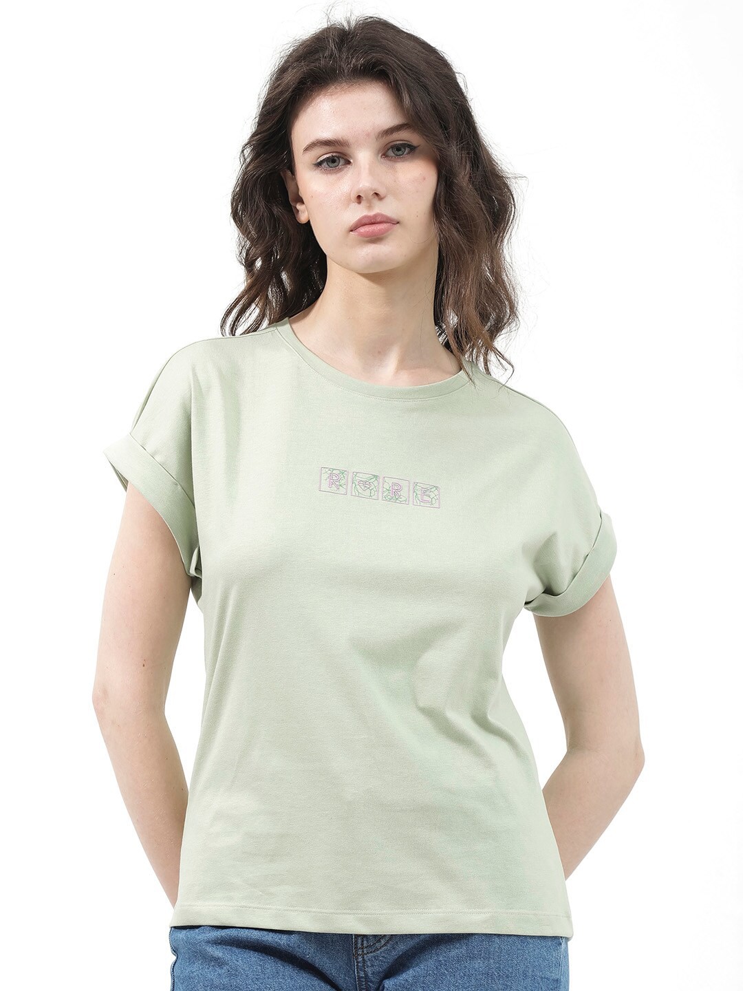 

RAREISM Round Neck Extended Sleeves Cotton T-shirt, Green