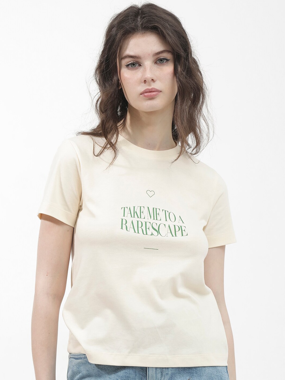

RAREISM Round Neck Short Sleeves Cotton T-shirt, Beige