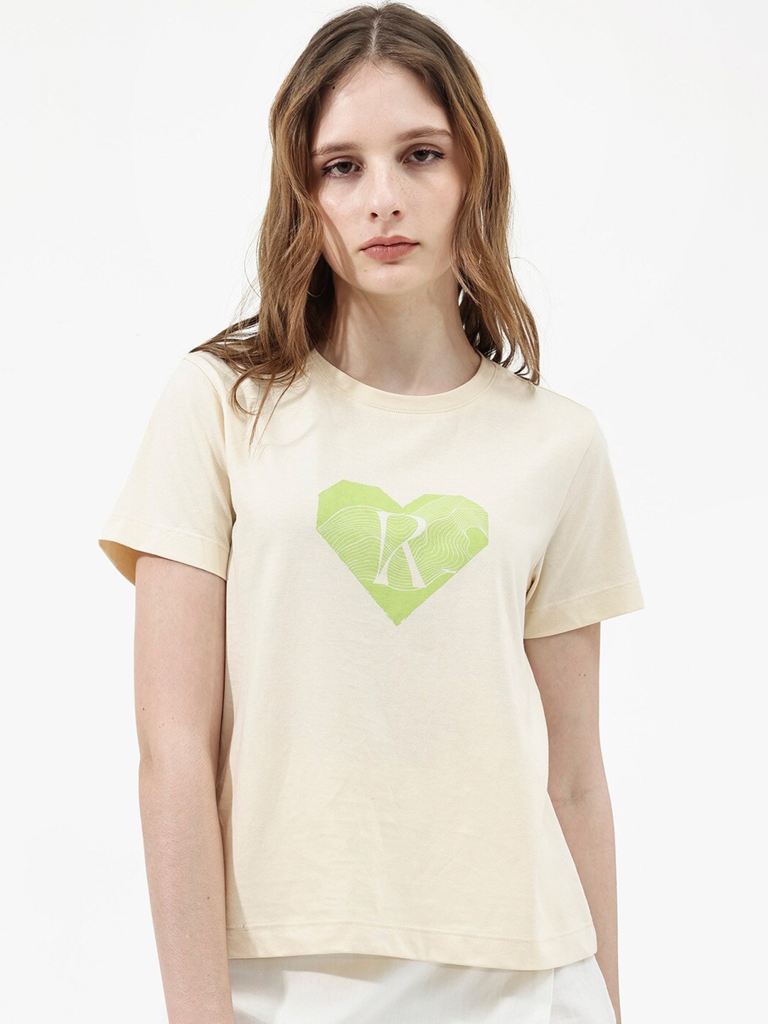 

RAREISM Round Neck Typography Printed Drop-Shoulder Sleeves Cotton T-shirt, Beige