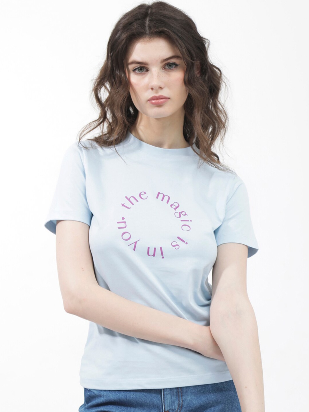 

RAREISM Round Neck Short Sleeves Printed Cotton T-shirt, Blue