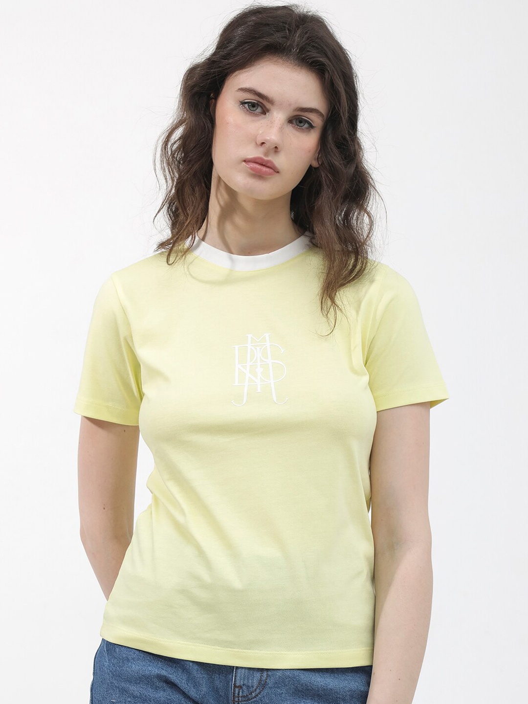 

RAREISM Round Neck Short Sleeves Printed Cotton T-shirt, Yellow