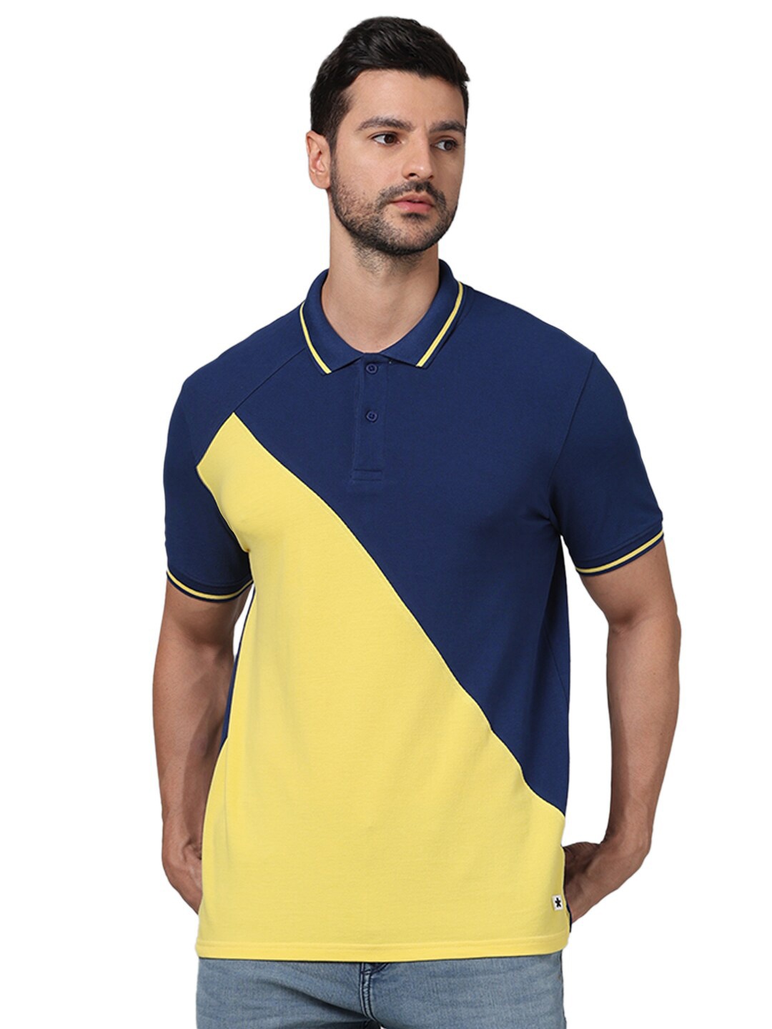 

Celio Colourblocked Polo Collar Cotton Regular Fit T-shirt, Yellow