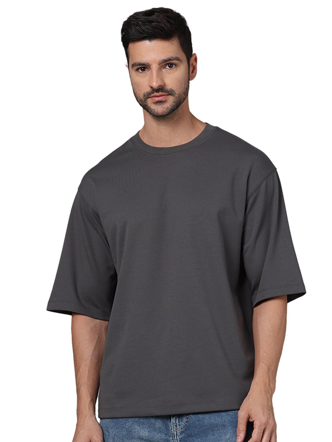 

Celio Drop-Shoulder Sleeves Round Neck Oversized Cotton T-shirt, Black