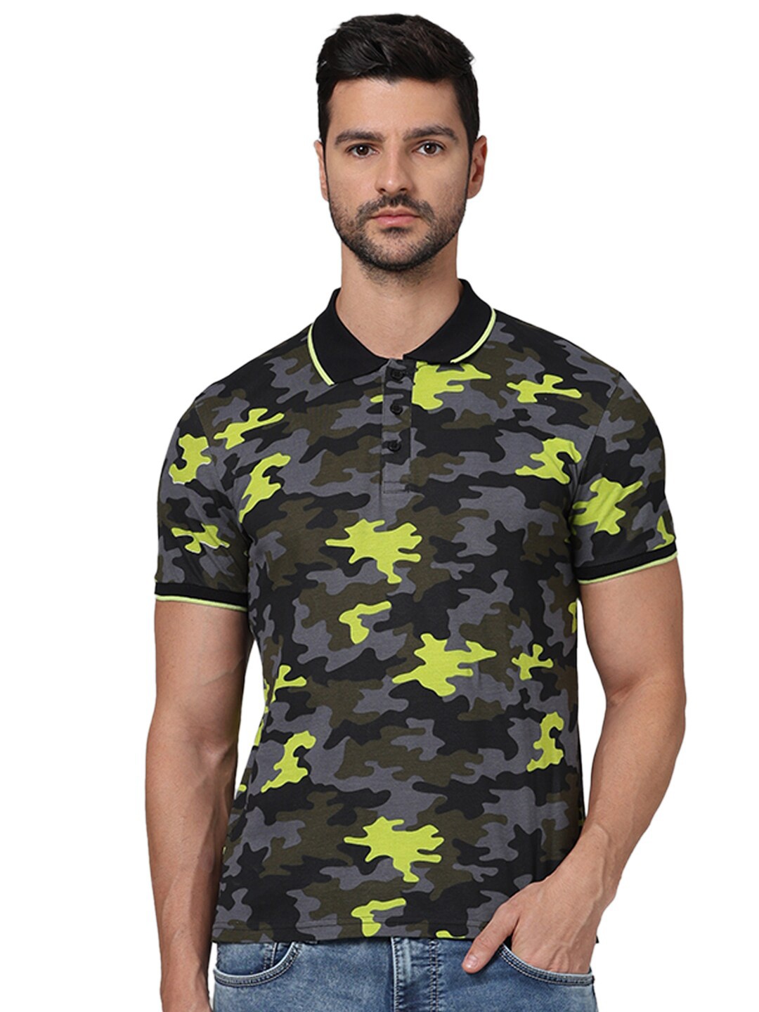 

Celio Camouflage Printed Polo Collar Cotton Regular Fit T-shirt, Grey