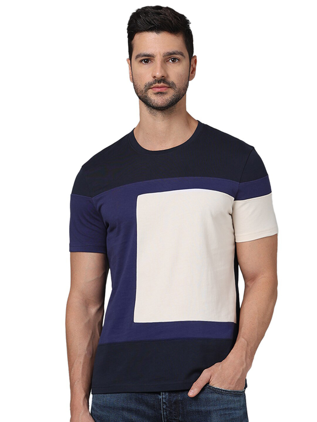 

Celio Round Neck Colourblocked Cotton Regular Fit T-shirt, Navy blue