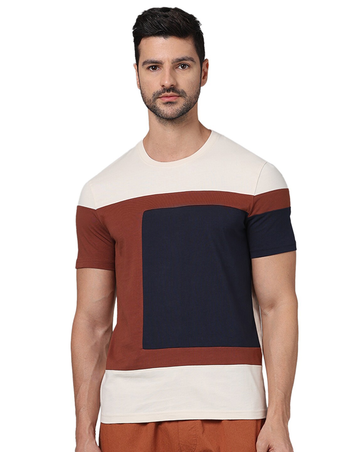 

Celio Round Neck Colourblocked Cotton Regular Fit T-shirt, Beige