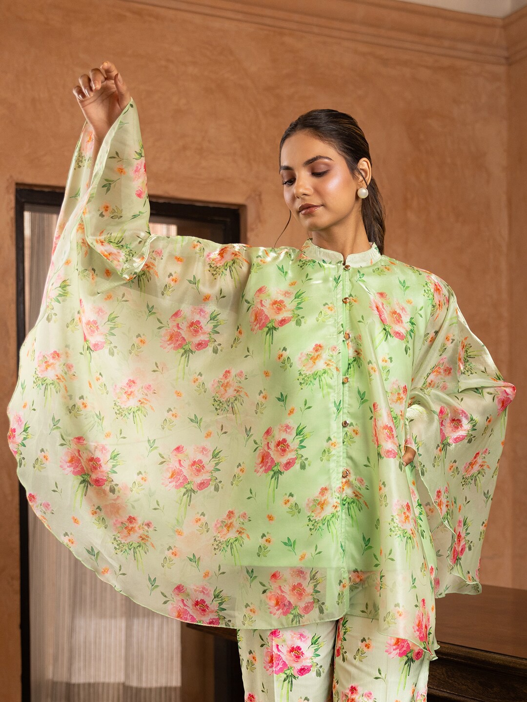 

B'Infinite Floral Printed Mandarin Collar Flared Sleeves Cape Top With Inner, Green