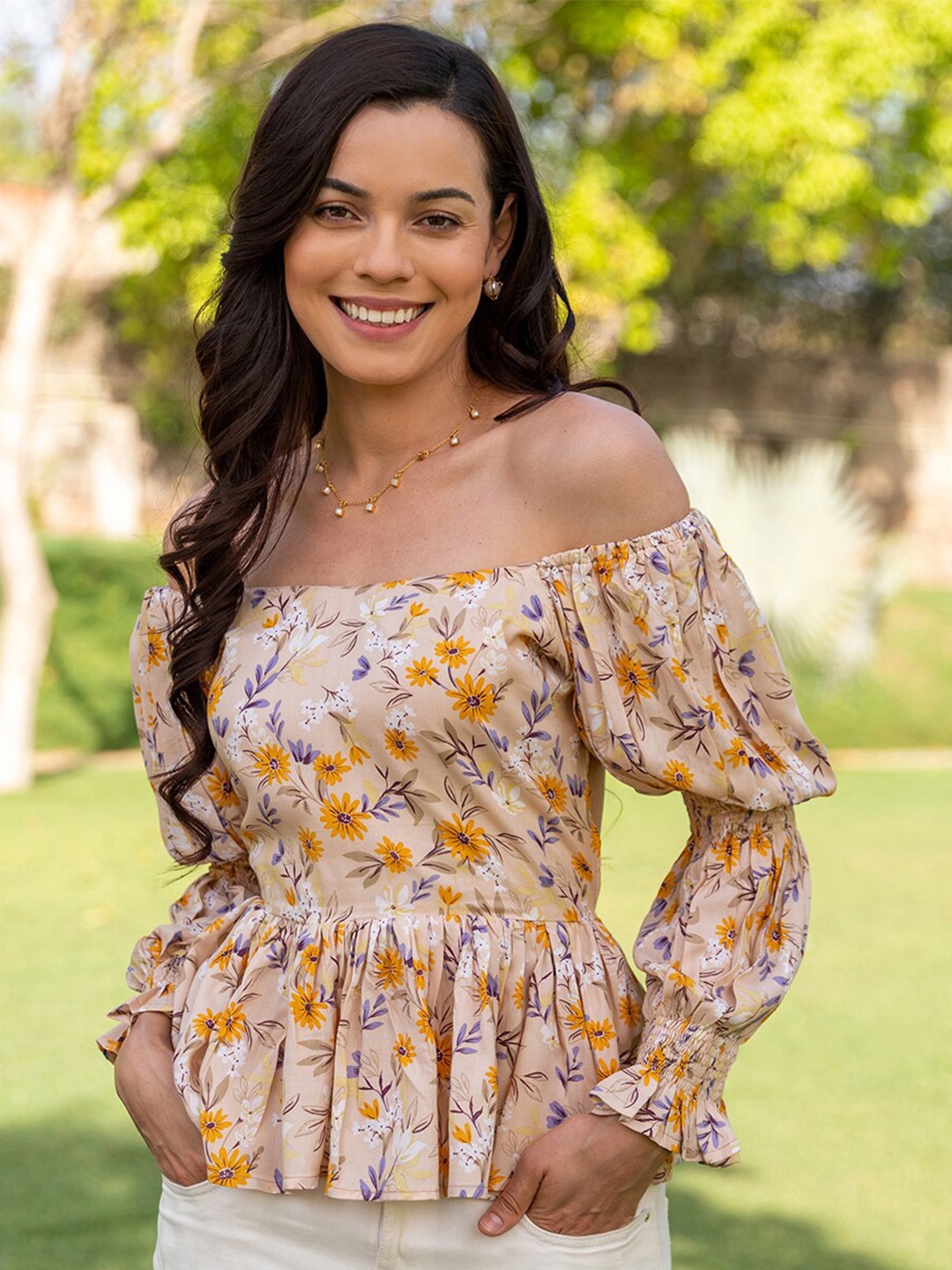 

B'Infinite Floral Printed Off-Shoulder Cuffed Sleeves Cut-Outs Bardot Top, Beige