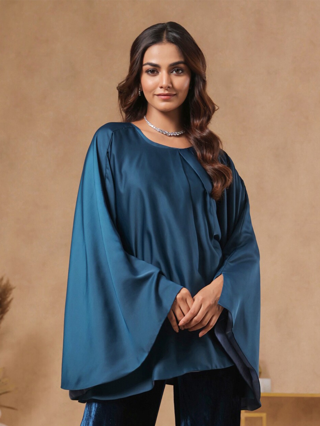 

B'Infinite Round Neck Flared Sleeve Satin Cape Top, Teal