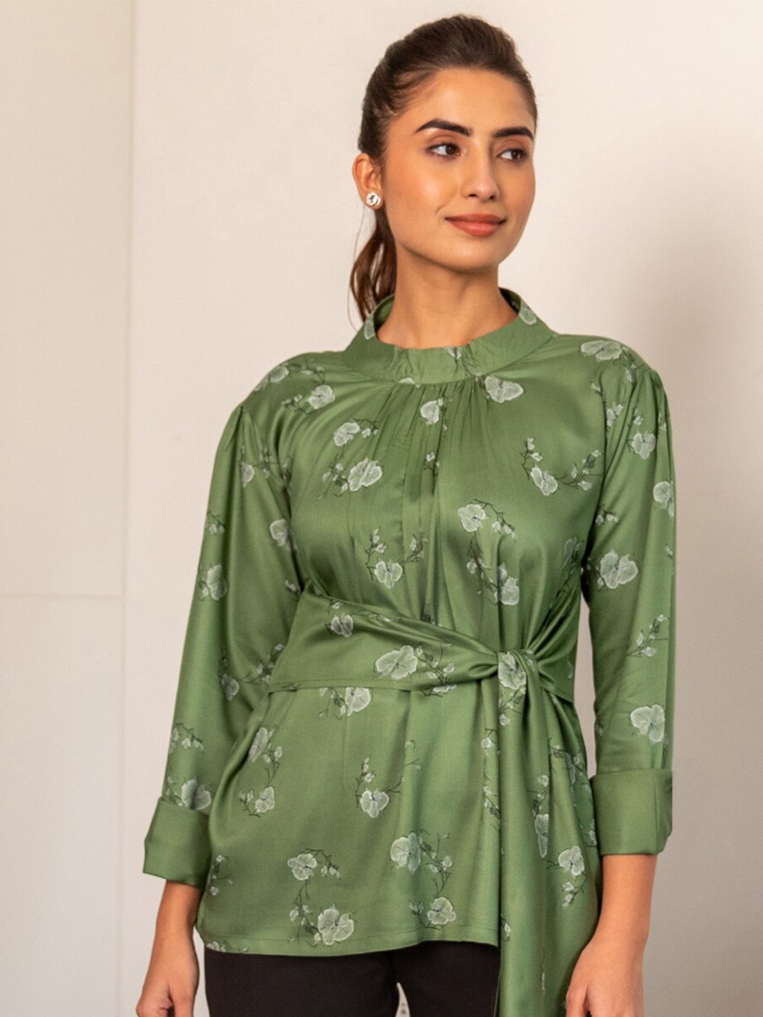 

B'Infinite Floral Printed Cuffed Sleeves Gathered Detailed Top, Green