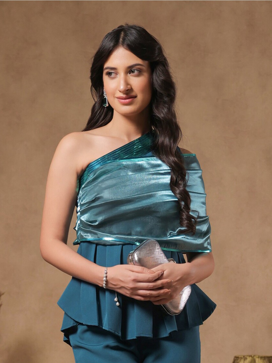 

B'Infinite One Shoulder Pleated Detailed Peplum Top, Teal