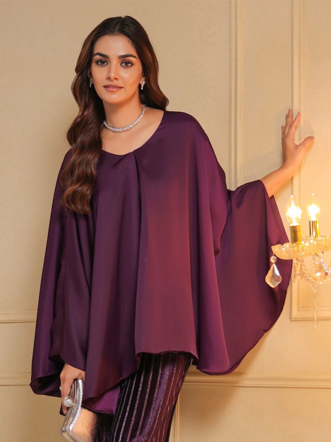 

B'Infinite V-Neck Flared Sleeves Satin Cape Top, Purple