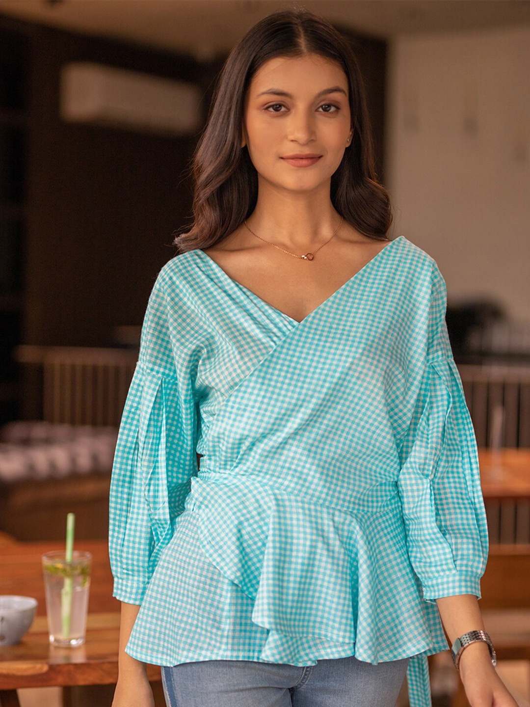 

B'Infinite Checked V-Neck Puff Sleeves Cotton Wrap Top, Blue