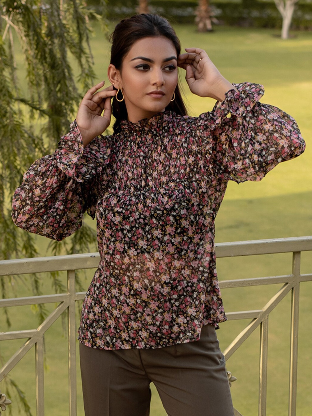 

B'Infinite Floral Printed High Neck Puff Sleeves Smocked Detailed Top, Black
