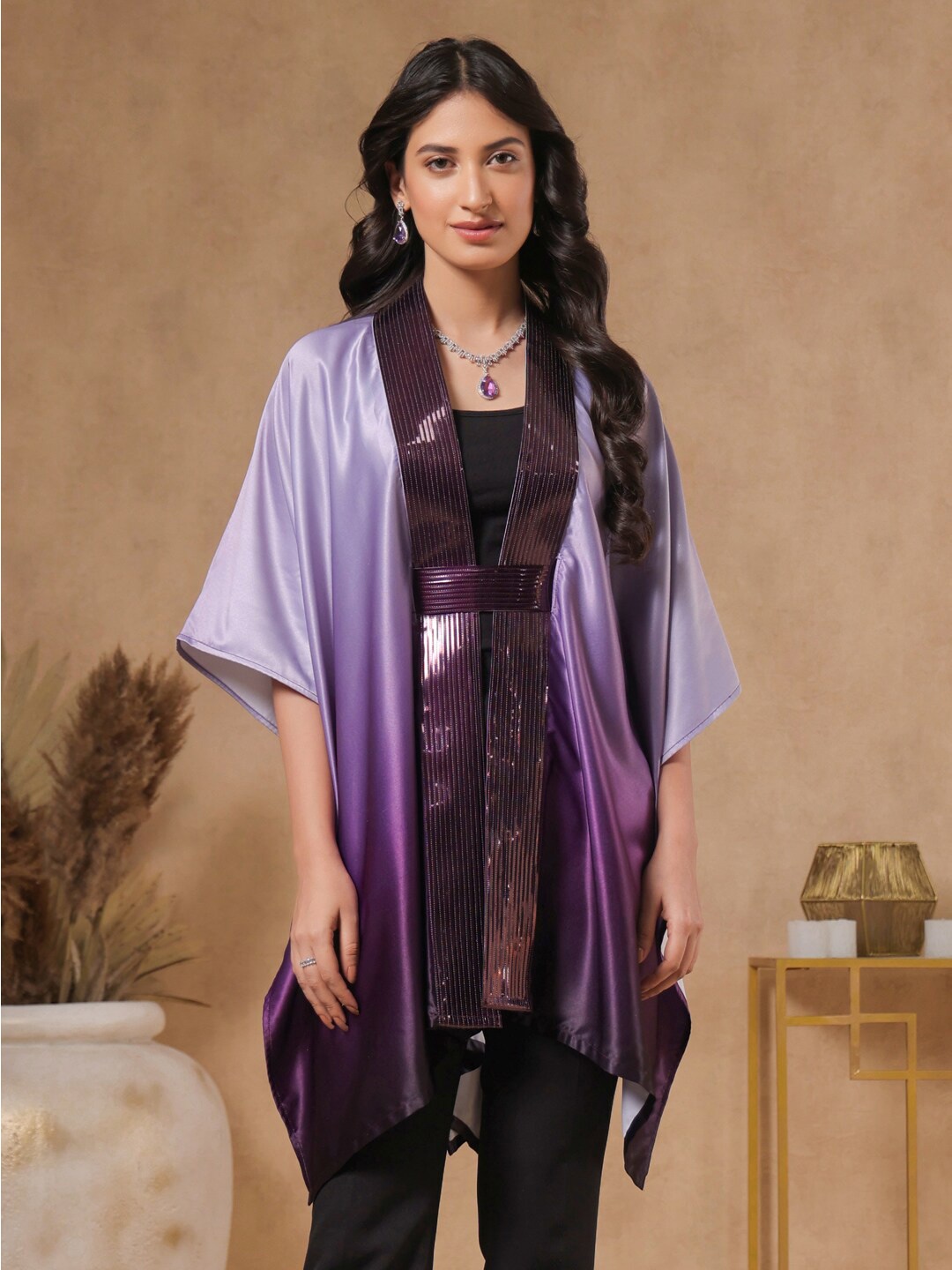 

B'Infinite Ombre Kimono Sleeve Satin Kaftan Cape, Purple