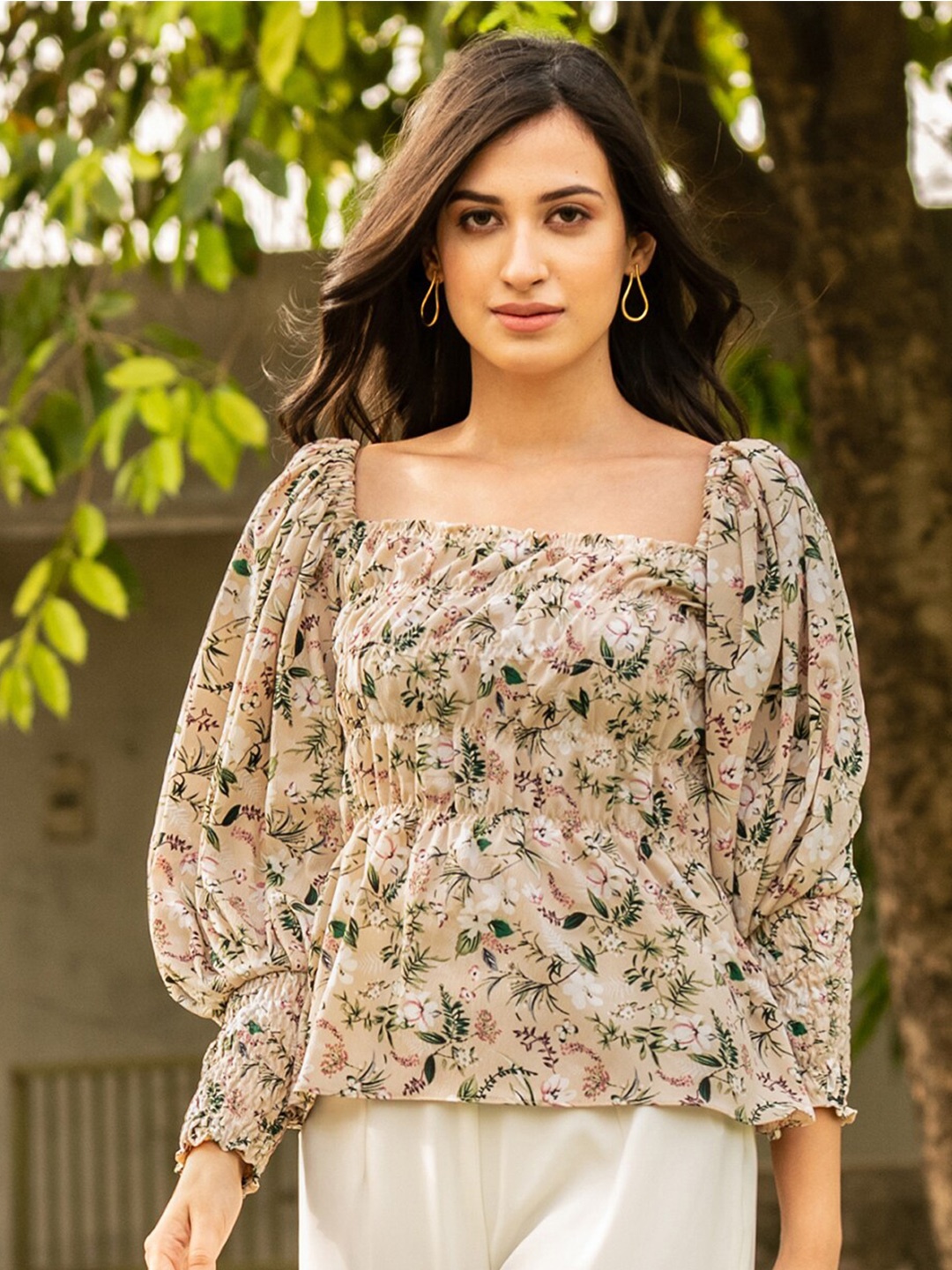 

B'Infinite Floral Printed Square Neck Gathered Smocked Top, Beige