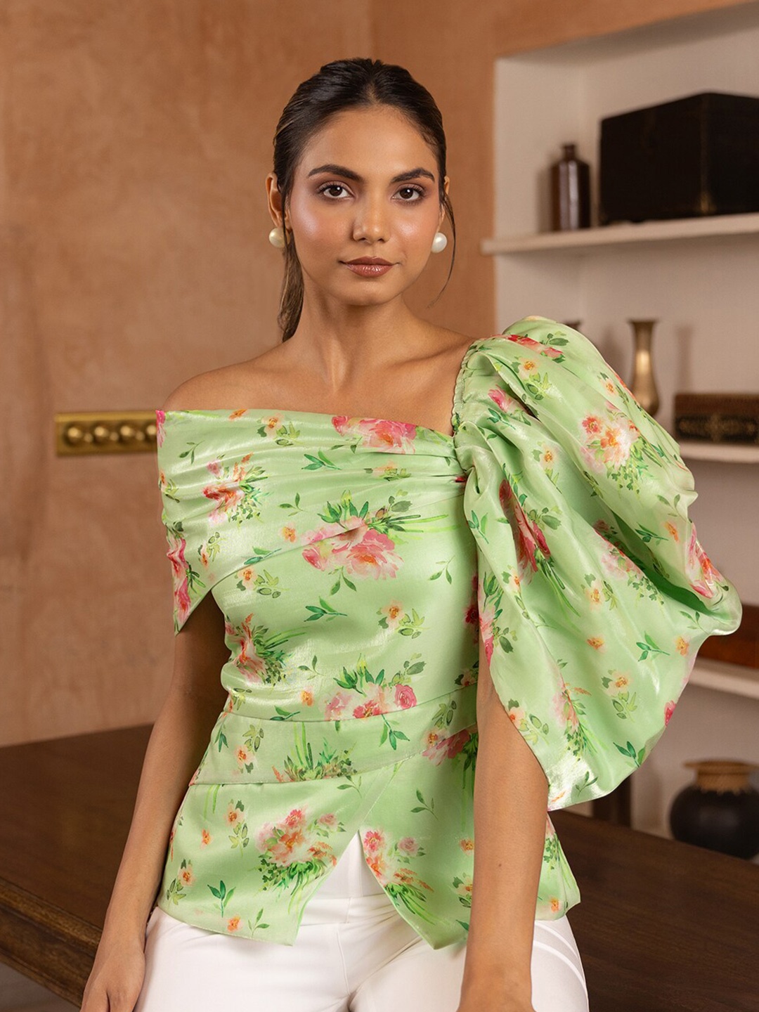 

B'Infinite Floral Printed Flared Sleeves Organza Asymmetric Top, Green