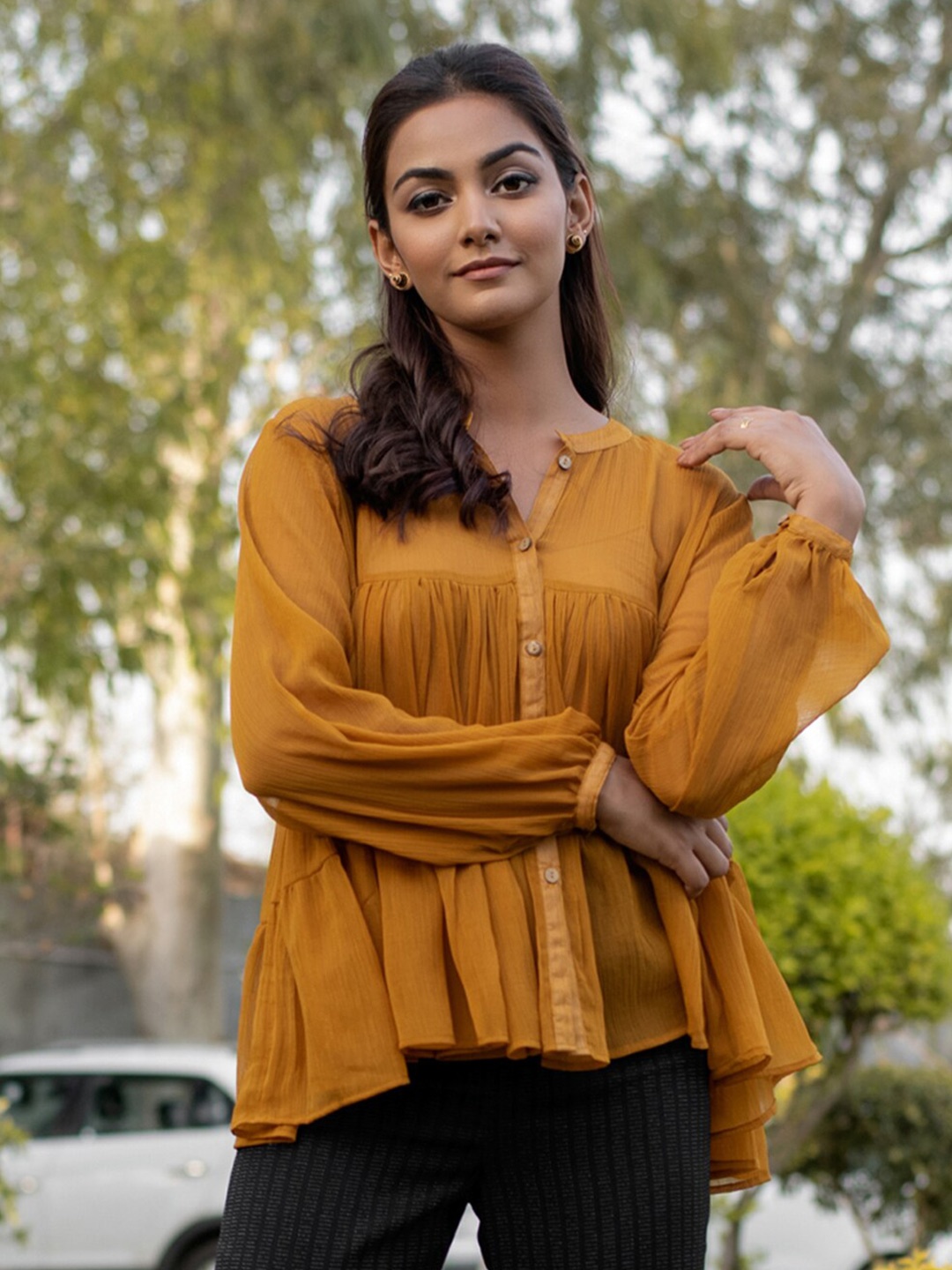

B'Infinite Mandarin Collar Gathered Chiffon Tiered Top, Mustard