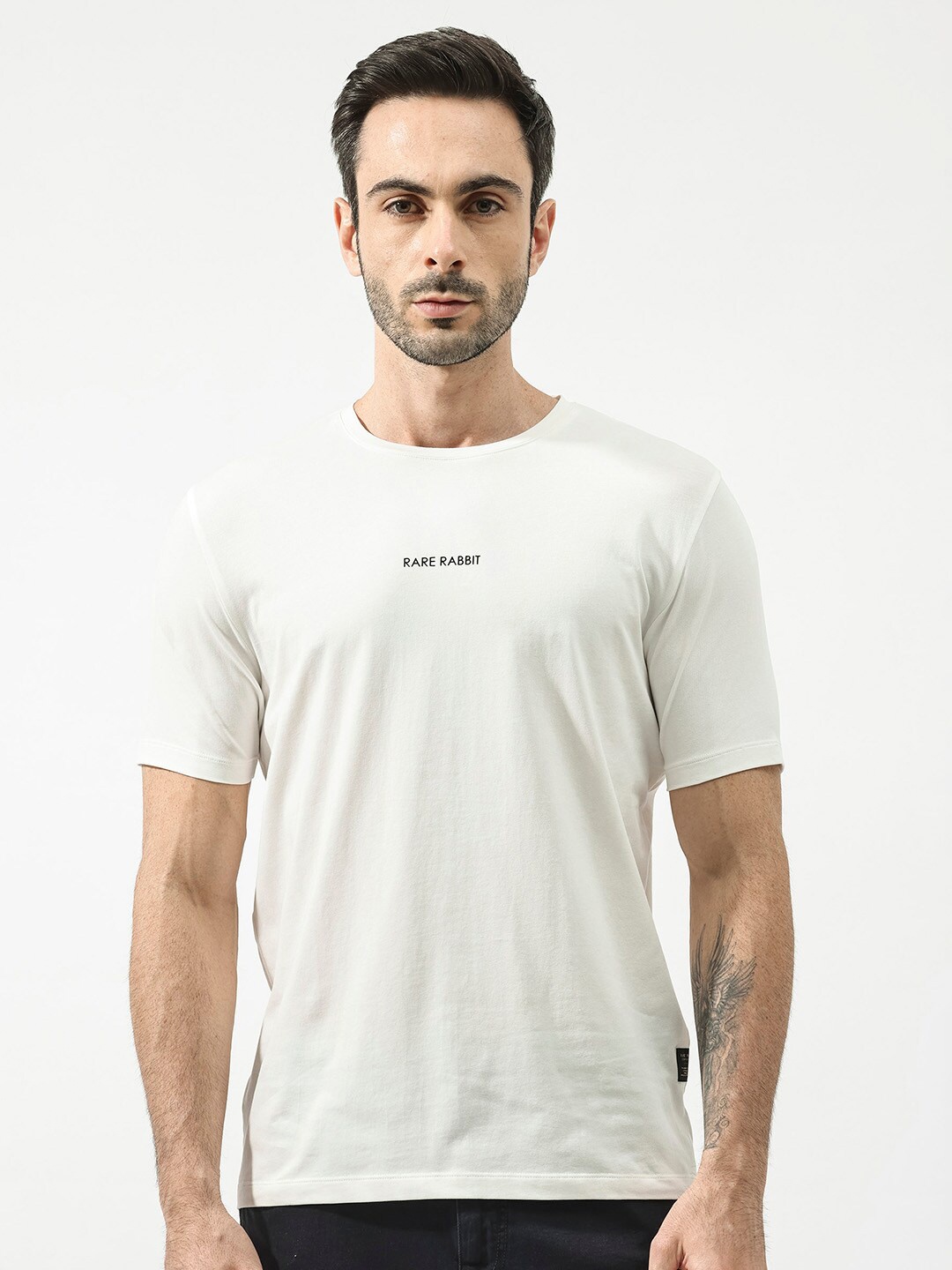 

RARE RABBIT Men Stark Typographic Printed Regular Fit T-Shirt, Off white
