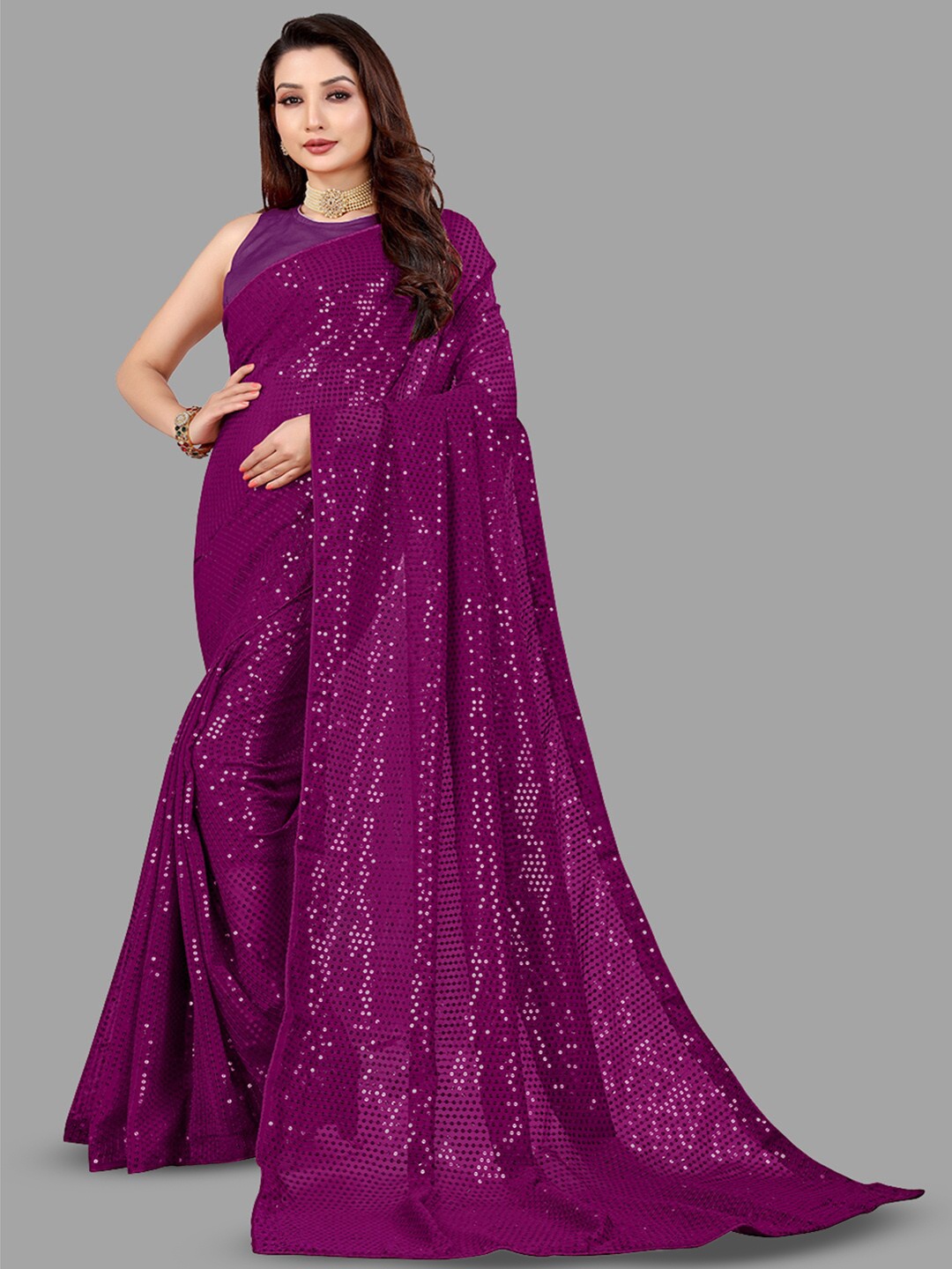

DIVASTRI Embellished Sequinned Pure Georgette Saree, Purple