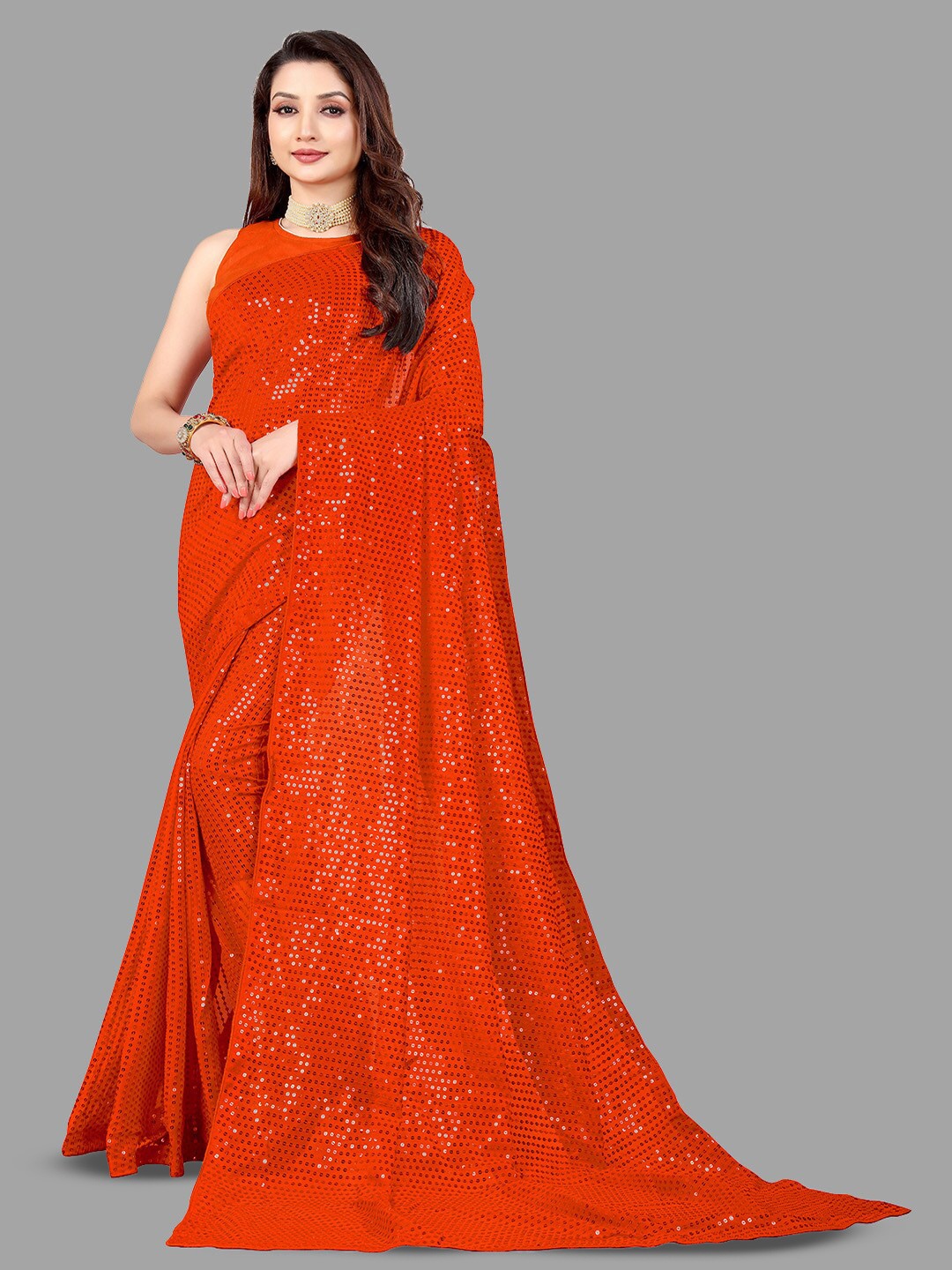 

DIVASTRI Embellished Sequinned Pure Georgette Saree, Orange