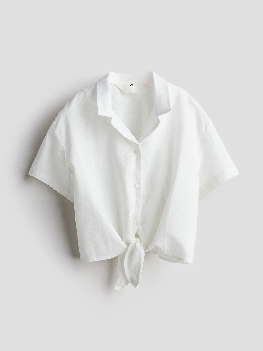 

H&M Girls Linen-blend Tie-Hem Shirt, White