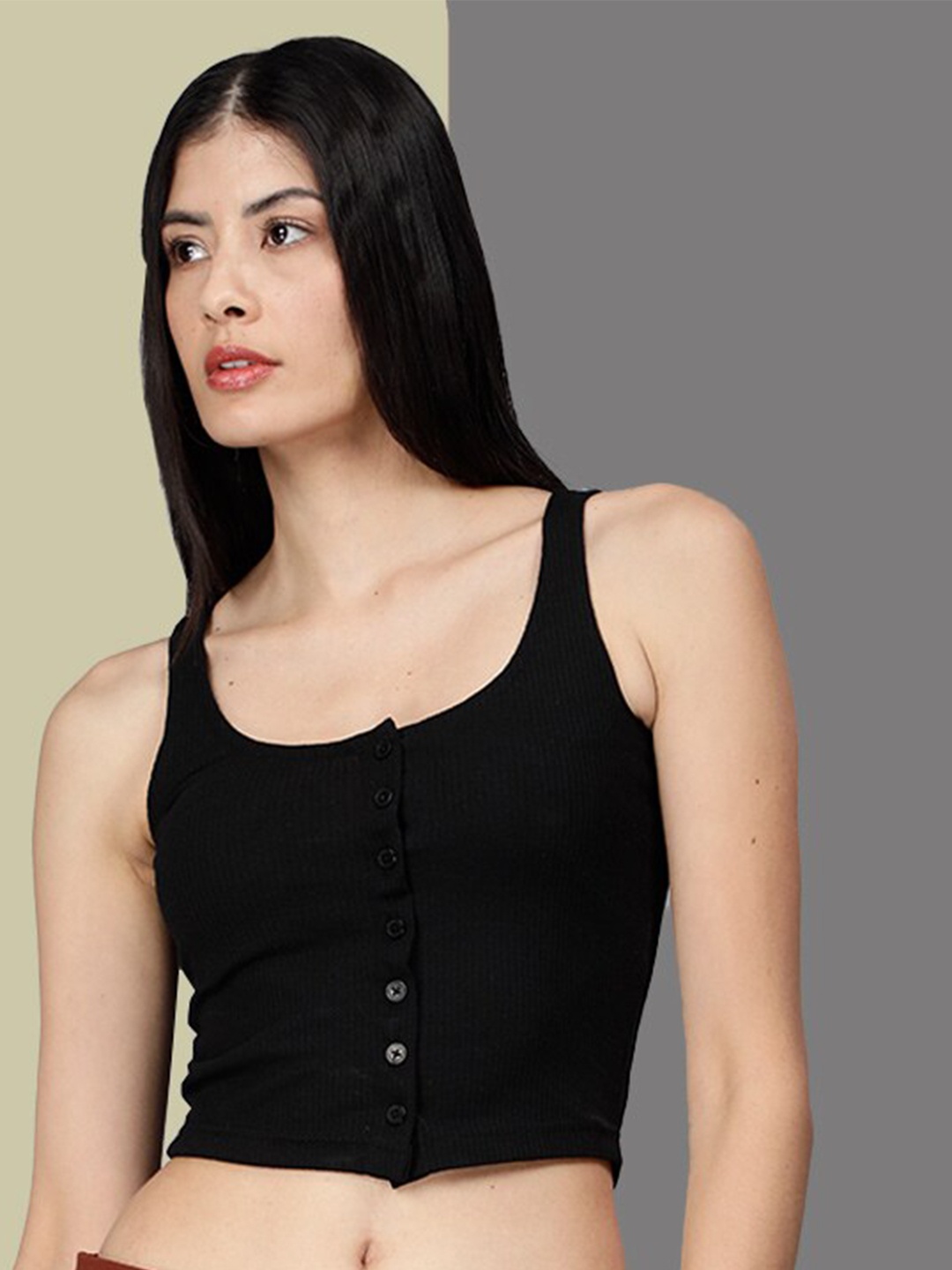 

Mad Over Print Shoulder Strap Fitted Crop Top, Black