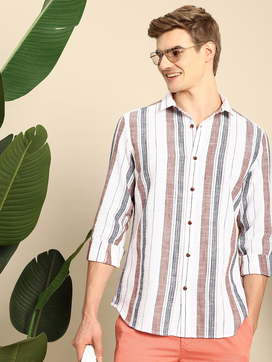 

Mast & Harbour Men Striped Pure Cotton Casual Shirt, Brown