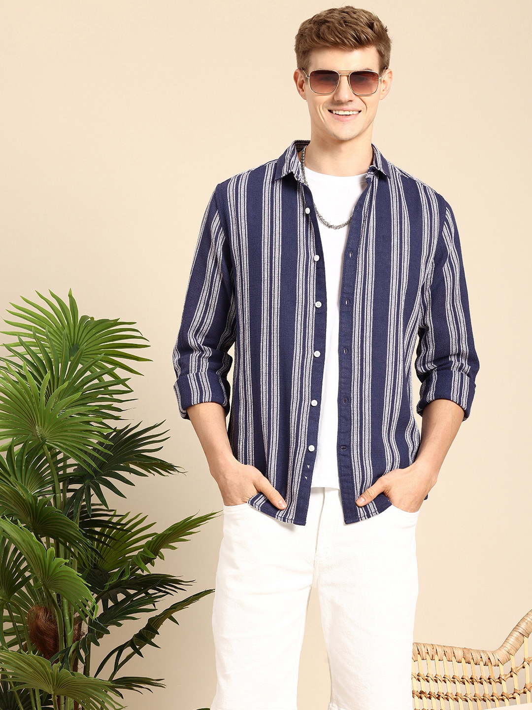 

Mast & Harbour Men Striped Pure Cotton Casual Shirt, Navy blue