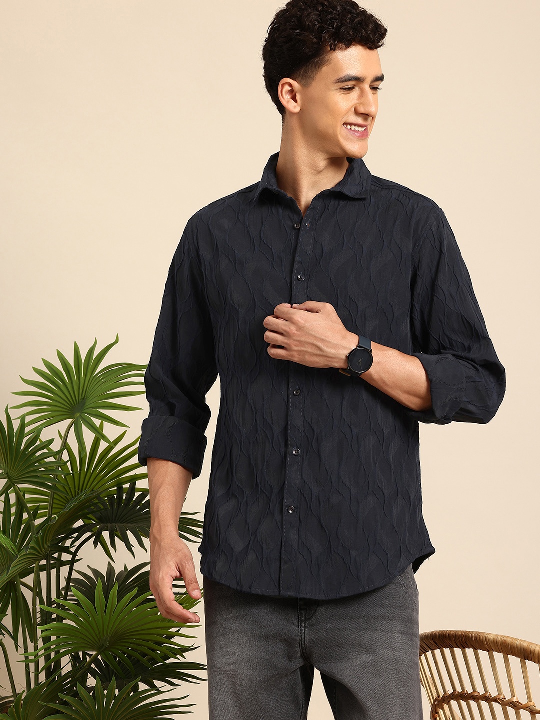 

Mast & Harbour Men Textured Casual Shirt, Black