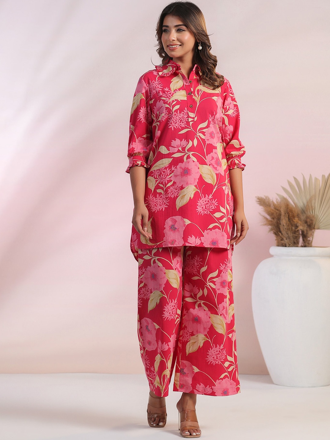 

JISORA Pin Floral Printed Pure Cotton Top With Palazzo Co-Ords, Pink