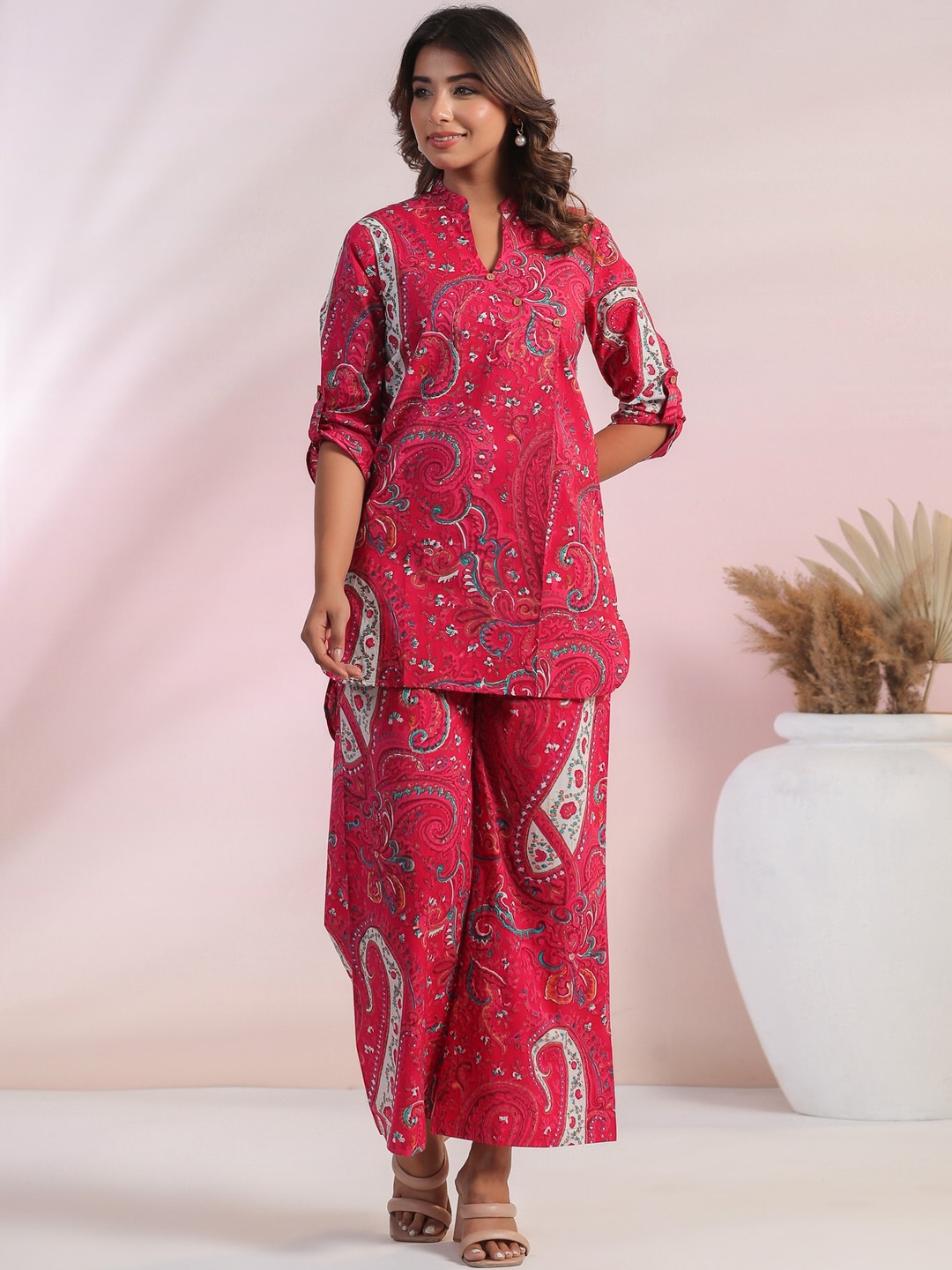 

JISORA Pink Ethnic Motifs Printed Pure Cotton Nightsuit