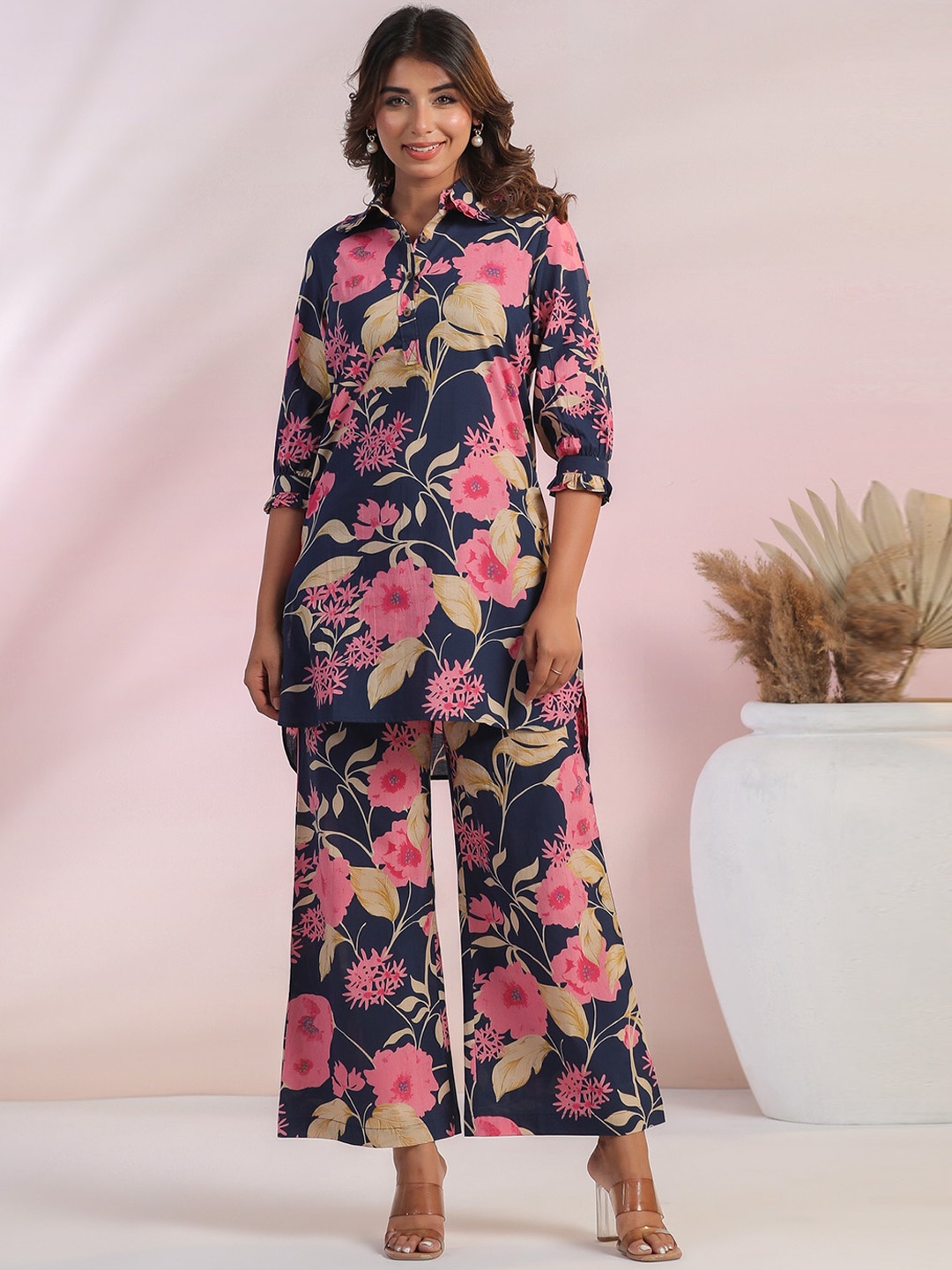 

JISORA Navy Blue Floral Printed Shirt Collar Neck Top & Flared Palazzo Co-Ords