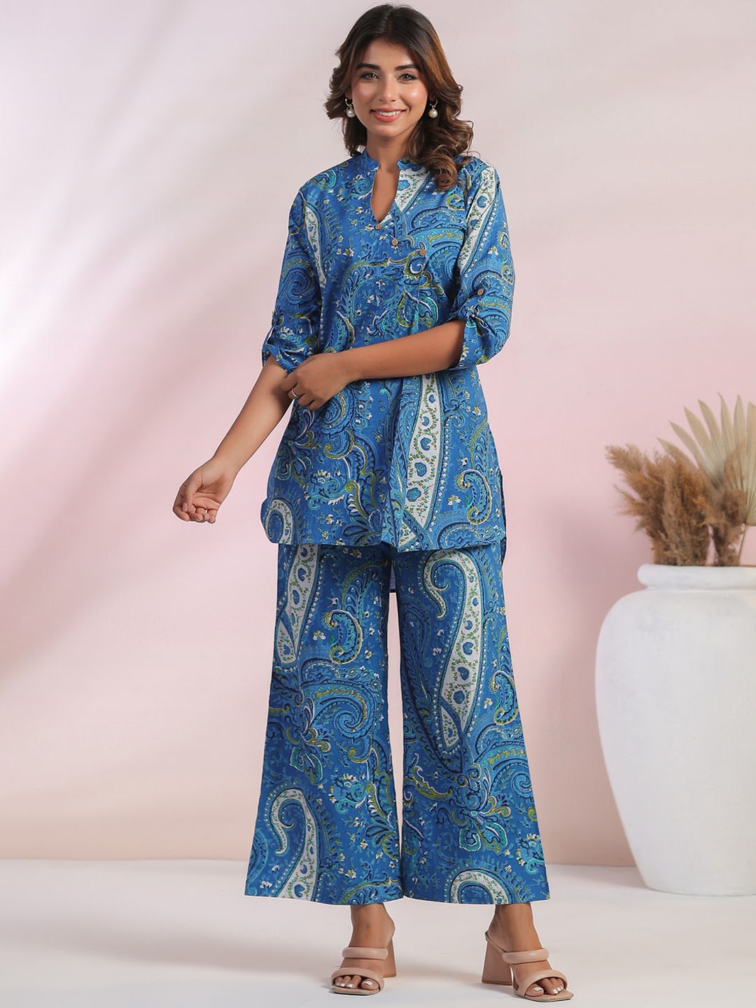 

JISORA Blue Ethnic Motifs Printed Pure Cotton Nightsuit