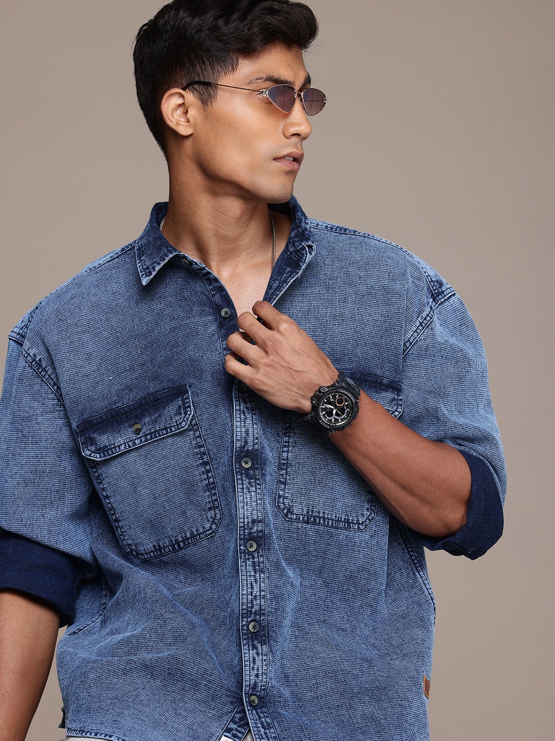 

Roadster Men Oversized Pure Cotton Denim Casual Shirt, Navy blue