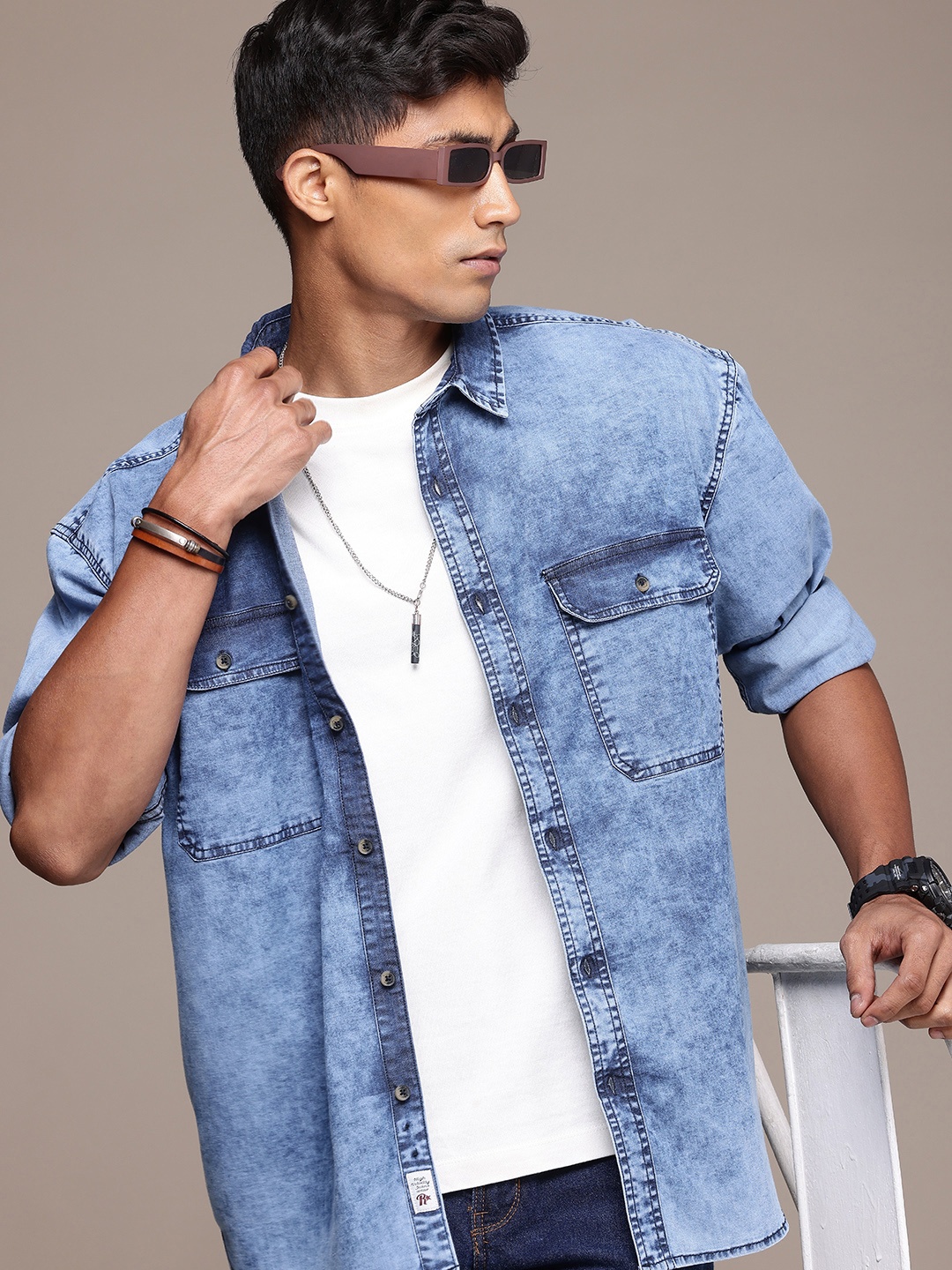 

Roadster Men Oversized Pure Cotton Denim Casual Shirt, Blue