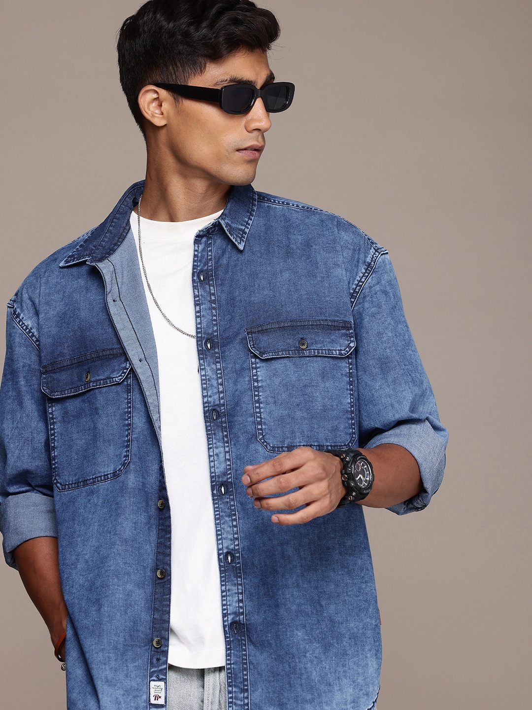 

Roadster Men Oversized Pure Cotton Denim Casual Shirt, Navy blue