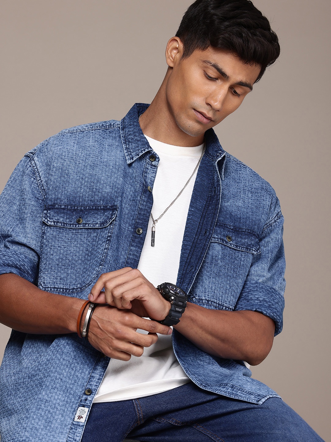 

Roadster Men Oversized Pure Cotton Denim Casual Shirt, Navy blue