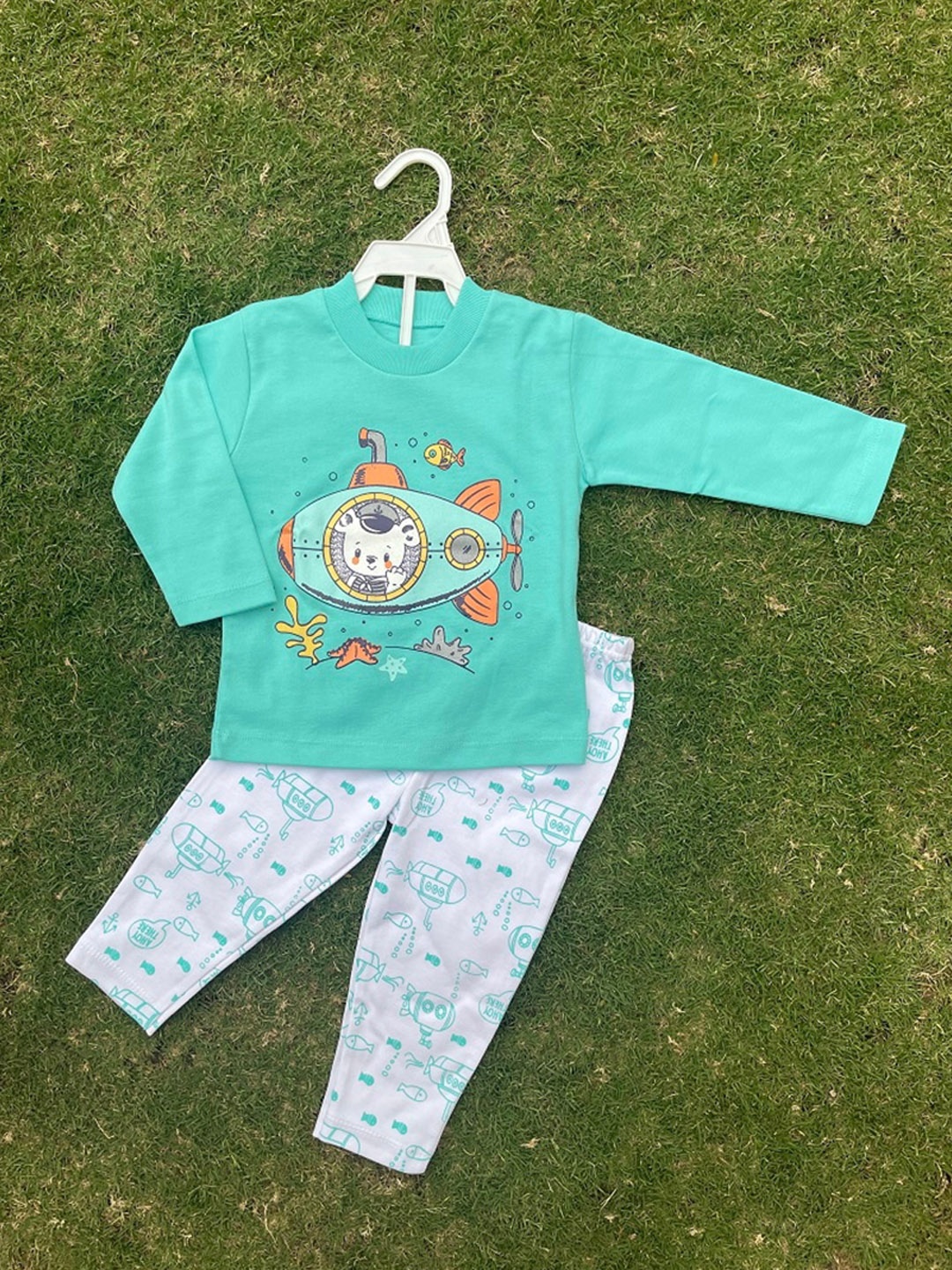 

BAESD Kids Graphic Printed Pure Cotton Top With Pyjamas, Turquoise blue