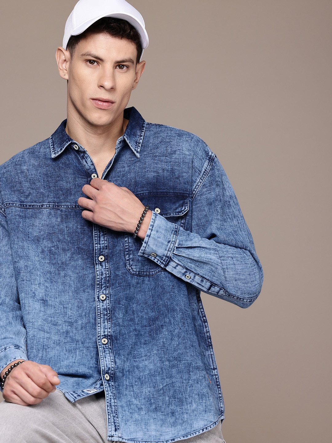 Roadster Men Faded Oversized Pure Cotton Denim Casual Shirt, Navy blue
