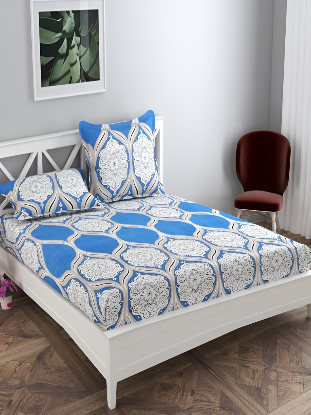 

Innovative Edge Blue Ethnic Motifs Cotton 160 TC Fitted King Bedsheet with 2 Pillow Covers