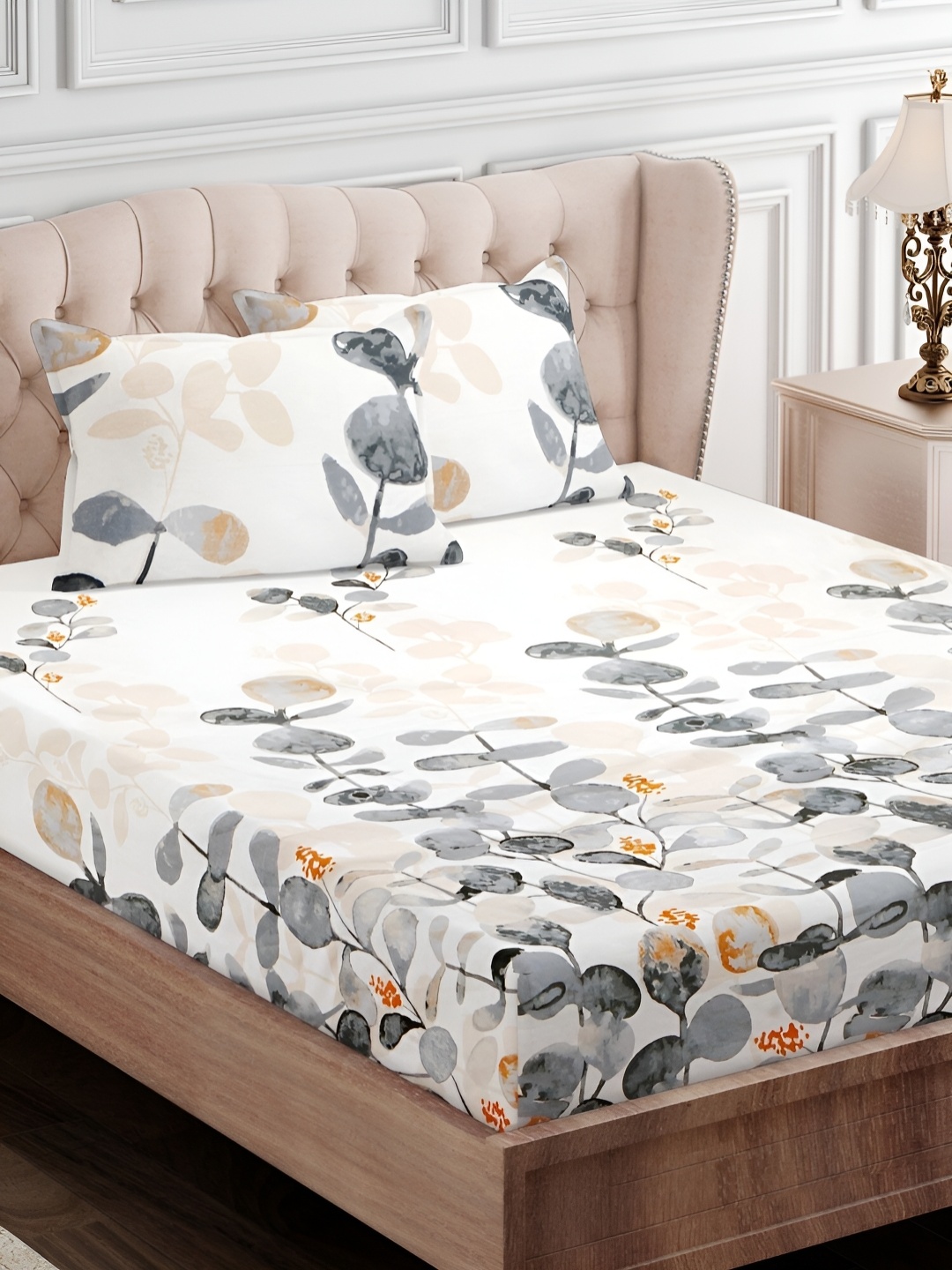 

Innovative Edge Grey Floral Cotton 160 TC Fitted King Bedsheet with 2 Pillow Covers