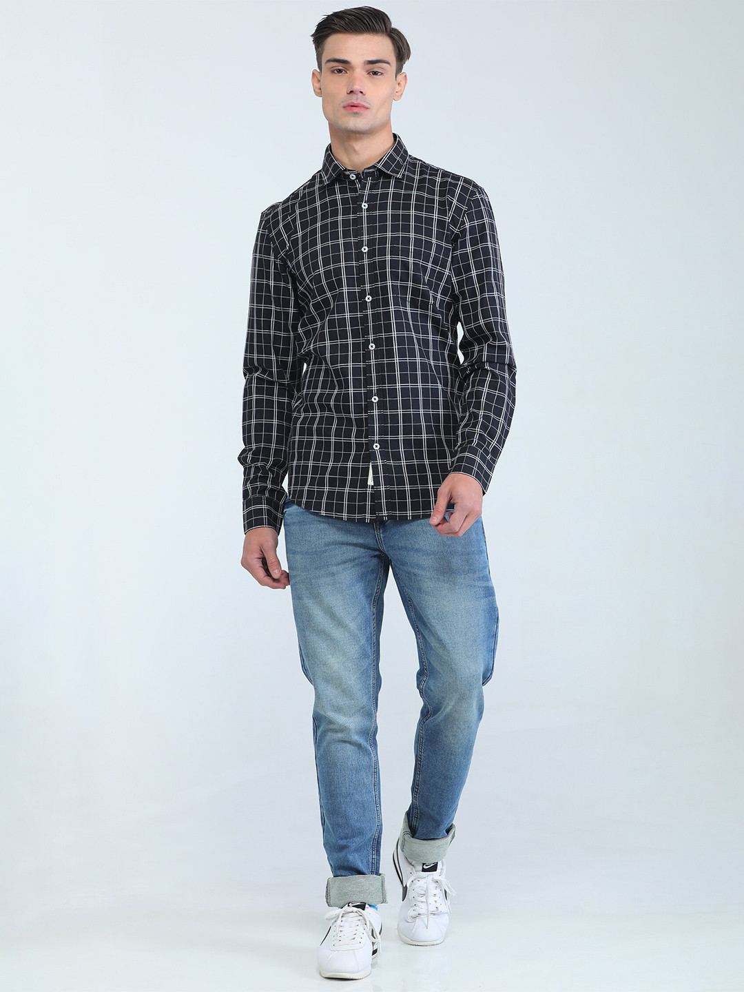 

TQS Grid Tattersall Checks Long Sleeves Spread Collar Cotton Opaque Checked Casual Shirt, Black