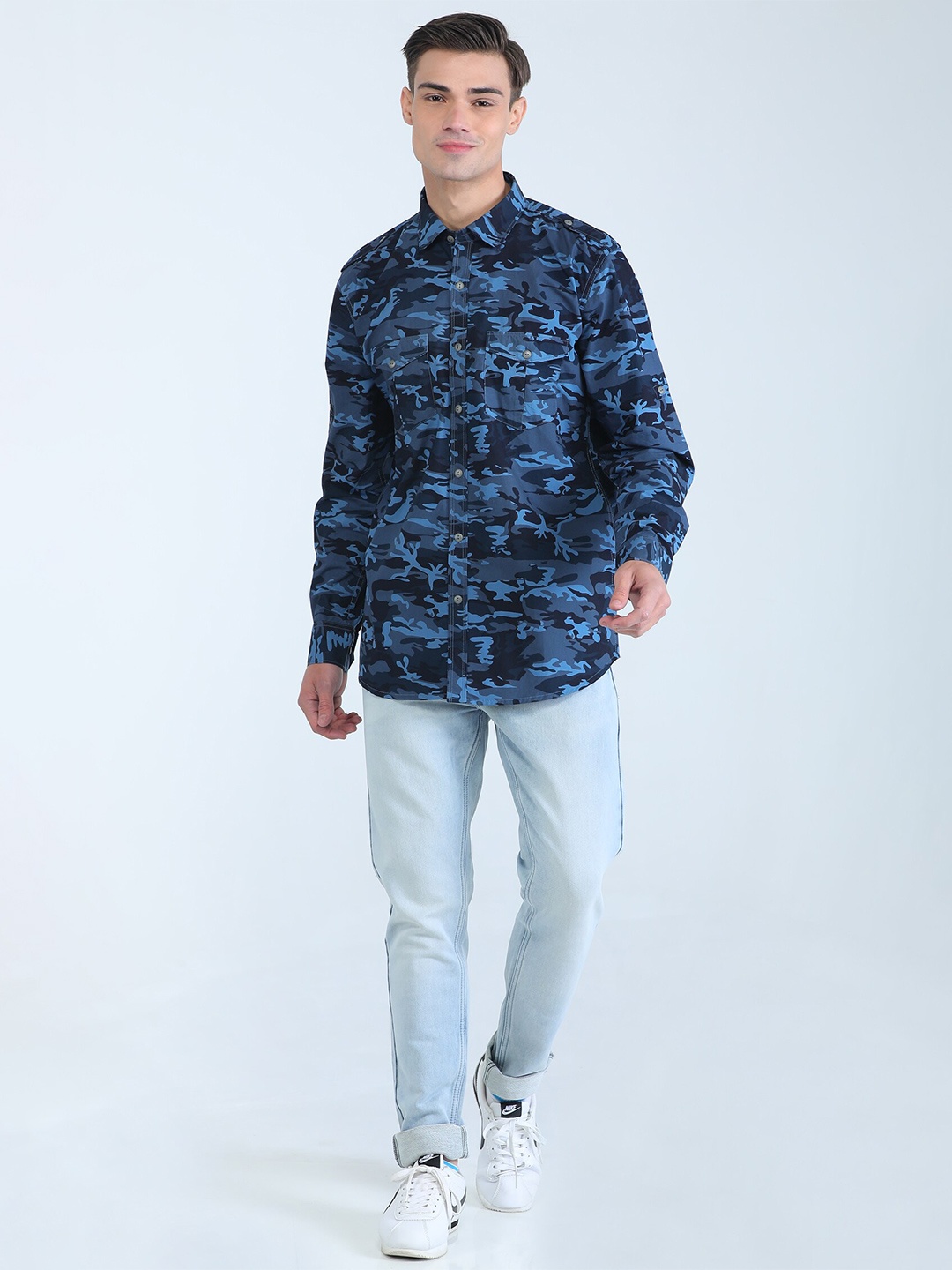 

TQS Printed Spread Collar Cotton Casual Shirt, Blue